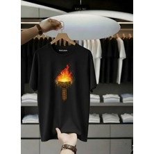 Unisex Oversize Baskılı Pamuklu Bisiklet Yaka Kısa Kollu Siyah T-Shirt Meşale
