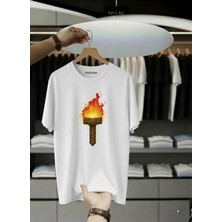Unisex Oversize Baskılı Pamuklu Bisiklet Yaka Kısa Kollu Beyaz T-Shirt Meşale