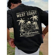 Unisex Oversize Baskılı Pamuklu Bisiklet Yaka Kısa Kollu Siyah T-Shirt California