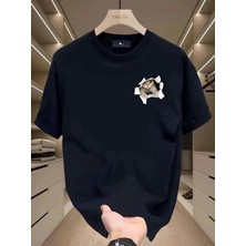 Unisex Oversize Baskılı Pamuklu Bisiklet Yaka Kısa Kollu Siyah T-Shirt Kutu Kedicik