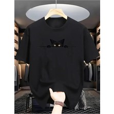 Unisex Oversize Baskılı Pamuklu Bisiklet Yaka Kısa Kollu Siyah T-Shirt Siyah Kedi