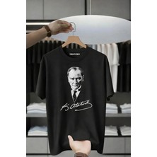 Unisex Oversize Baskılı Pamuklu Bisiklet Yaka Kısa Kollu Siyah T-Shirt K.atatürk