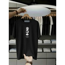 Unisex Oversize Baskılı Pamuklu Bisiklet Yaka Kısa Kollu Siyah T-Shirt Plato