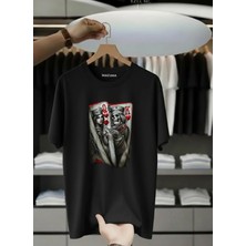 Unisex Oversize Baskılı Pamuklu Bisiklet Yaka Kısa Kollu Siyah T-Shirt Kartlar
