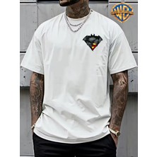 Unisex Oversize Baskılı Pamuklu Bisiklet Yaka Kısa Kollu Beyaz T-Shirt Batman And Superman
