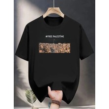 Unisex Oversize Baskılı Pamuklu Bisiklet Yaka Kısa Kollu Siyah T-Shirt Özgür Ülke