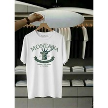 Unisex Oversize Baskılı Pamuklu Bisiklet Yaka Kısa Kollu Beyaz T-Shirt Montana