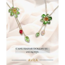Çelik Zincirli 2’li Kolye Seti Yeşil Taşlı Çiçek ve Pembe Detaylı Model