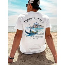 Unisex Oversize Baskılı Pamuklu Bisiklet Yaka Kısa Kollu Beyaz T-Shirt Venice Italy