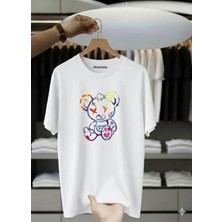 Unisex Oversize Baskılı Pamuklu Bisiklet Yaka Kısa Kollu Beyaz T-Shirt x Ayıcık