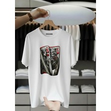 Unisex Oversize Baskılı Pamuklu Bisiklet Yaka Kısa Kollu Beyaz T-Shirt Kartlar