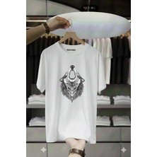 Unisex Oversize Baskılı Pamuklu Bisiklet Yaka Kısa Kollu Beyaz T-Shirt Uluyan Kurt
