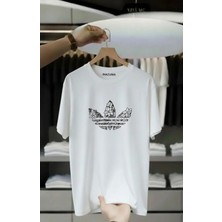 Unisex Oversize Baskılı Pamuklu Bisiklet Yaka Kısa Kollu Beyaz T-Shirt Sade Sarmal
