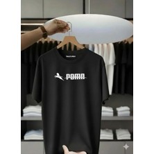 Unisex Oversize Baskılı Pamuklu Bisiklet Yaka Kısa Kollu Siyah T-Shirt Poma