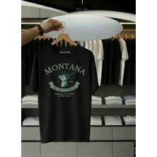 Unisex Oversize Baskılı Pamuklu Bisiklet Yaka Kısa Kollu Siyah T-Shirt Montana