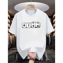 Unisex Oversize Baskılı Pamuklu Bisiklet Yaka Kısa Kollu Beyaz T-Shirt Risk(Ch)