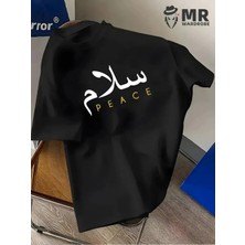 Unisex Oversize Baskılı Pamuklu Bisiklet Yaka Kısa Kollu Siyah T-Shirt Peace