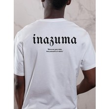 Unisex Oversize Baskılı Pamuklu Bisiklet Yaka Kısa Kollu Beyaz T-Shirt Inazuma Font