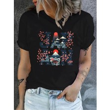 Unisex Oversize Baskılı Pamuklu Bisiklet Yaka Kısa Kollu Siyah T-Shirt Japan