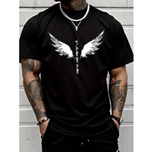 Unisex Oversize Baskılı Pamuklu Bisiklet Yaka Kısa Kollu Siyah T-Shirt Kanat Japon Yazısı