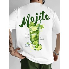 Unisex Oversize Baskılı Pamuklu Bisiklet Yaka Kısa Kollu Beyaz T-Shirt Mojito