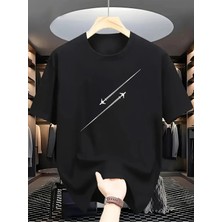 Unisex Oversize Baskılı Pamuklu Bisiklet Yaka Kısa Kollu Siyah T-Shirt Çapraz Uçak