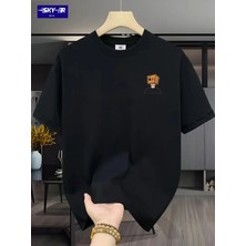 Unisex Oversize Baskılı Pamuklu Bisiklet Yaka Kısa Kollu Siyah T-Shirt Kare Kutu Kafa