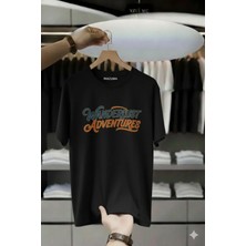 Unisex Oversize Baskılı Pamuklu Bisiklet Yaka Kısa Kollu Siyah T-Shirt Wanderlust Adventures