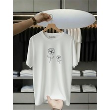 Unisex Oversize Baskılı Pamuklu Bisiklet Yaka Kısa Kollu Beyaz T-Shirt Papatya Ikili