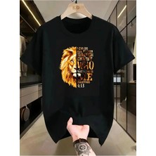 Unisex Oversize Baskılı Pamuklu Bisiklet Yaka Kısa Kollu Siyah T-Shirt Yazılı Aslan