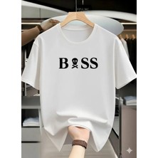 Unisex Oversize Baskılı Pamuklu Bisiklet Yaka Kısa Kollu Beyaz T-Shirt Boos Kurukafa