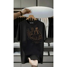 Unisex Oversize Baskılı Pamuklu Bisiklet Yaka Kısa Kollu Siyah T-Shirt Wild Göğüs