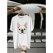 Unisex Oversize Baskılı Pamuklu Bisiklet Yaka Kısa Kollu Beyaz T-Shirt Dog