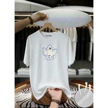 Unisex Oversize Baskılı Pamuklu Bisiklet Yaka Kısa Kollu Beyaz T-Shirt Iskelet Sarmal