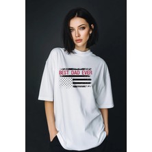 Unisex Oversize Baskılı Pamuklu Bisiklet Yaka Kısa Kollu Beyaz T-Shirt Best Dad