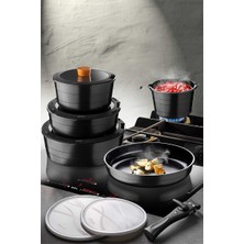 Es Dekor Midas Seramik Kaplamalı 11 Parça Ayrılabilen Saplı Iç Içe Geçebilen Tencere Tava Seti - Siyah