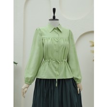 Modamorfo Tünel Bağcıklı Düğmeli Gömlek Bluz -F.yeşili