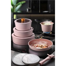 Es Dekor Midas Seramik Kaplamalı 11 Parça Ayrılabilen Saplı Iç Içe Geçebilen Tencere Tava Seti - Pembe