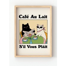 Viela Home Ahşap Çerçeveli Café Au Lait Poster – Fransız Tarzı Kedili Duvar Tablosu