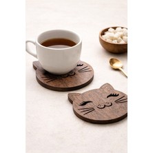 Marnello Consept Sevimli Kedi Ahşap 6 Lı Kahve & Çay Bardak Altlığı – Dekoratif Doğal Ahşap