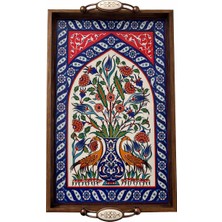 BulutRetail El Yapımı Kütahya Çini Desenli Ahşap Tepsi 42X27 cm | Yerli Üretim Dekoratif & Servis Tepsisi Anka