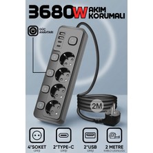 Enshall Yeni 3680W Pro Power 2xtype-C ve 2x USB Girişli Anahtarlı 3lü Çoğaltıcı Küp 2mt Kablolu Priz