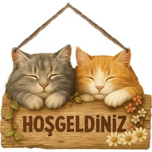 Marnello Consept "hoş Geldiniz" Yazılı Ahşap Mdf Retro Kapı Süsü - Sevimli Kediler