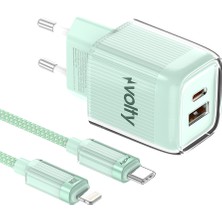 Volty Hızlı Şarj Adaptörü 35W Gan + iPhone Kablo 30W Pd | Usb-C & Usb-A, Tablet & Telefon (YEŞIL-V0102019)