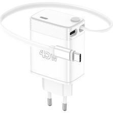 Volty Hızlı Şarj Adaptörü | 45W PD GaN, Geri Çekilebilir USB-C Kablolu, 2 Port, Laptop Uyumlu (V0102023)