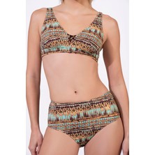 Endeep Kadın Ayarlanabilir Askılı Lurex Desenli Toparlayıcı Yüksek Bel Bikini Takımı