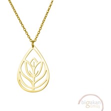 Bigakan Lale Çiçeği Damla Gümüş Kolye Taşsız Model 925 Ayar Gümüş Kadın Kolye Altın Kaplama