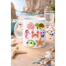 Decostyle Sevimli Deniz Canlıları Desenli Porselen Kupa Model 118 – Ahtapot, Kaplumbağa, Yengeç ve Deniz Yıldızlı Kahve Kupası