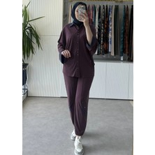 Tığ Triko Kontrast Renk Garnili Metal Çıtçıtlı Tunik Pantolon Takım Bordo