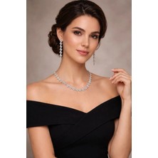 Klc Takı Kadın Gümüş Renk Model Su Yolu Zirkon Taşlı Kolye Küpe Seti